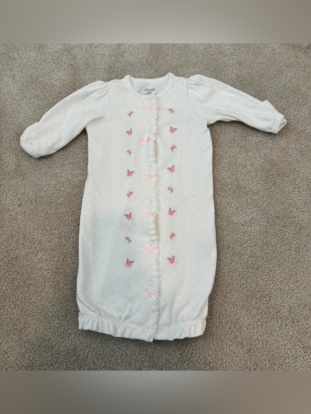 Little Me White Newborn Sleep Gown with Pink Embroidery